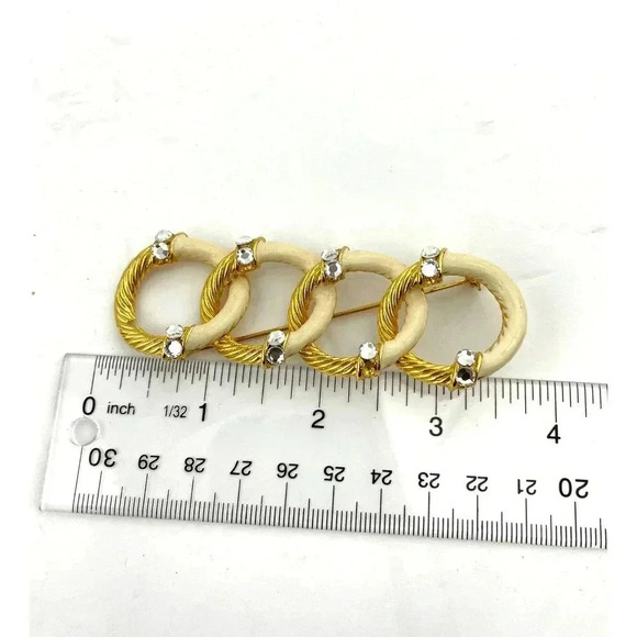 VTG Gold Tone Enamel Brooch Pin Clear Rhinestone Circle Loop Retro - Picture 4 of 8